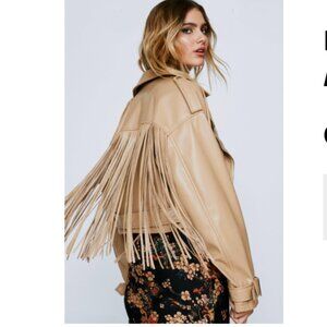 Nasty Gal Womens Size 6 Tan Fringe Faux Leather Moto Jacket Excellent Condition